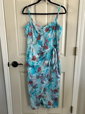 White House Black Market Aqua Coral Seahorse Print Midi Dress Sz 8 Repair Needed